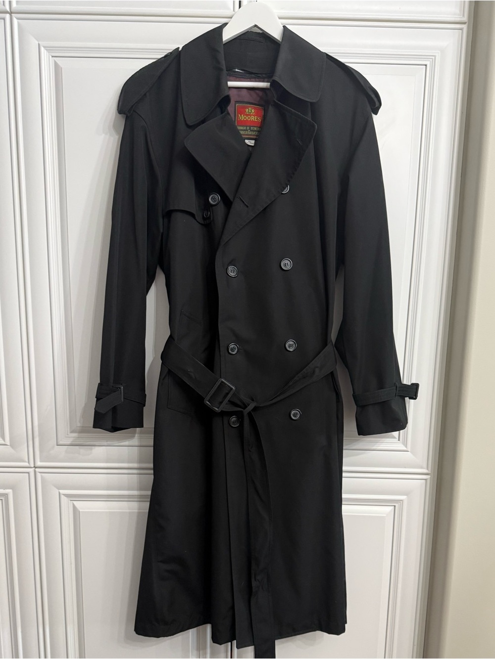 VTG Moores Black Double-Breasted Belted Trench Coat Zip-Out Lining Men's 42T